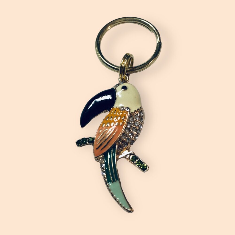 Parrot Keychain Keyring w/ Rhinestones - Exotic Bird Design - Gold-Tone Metal